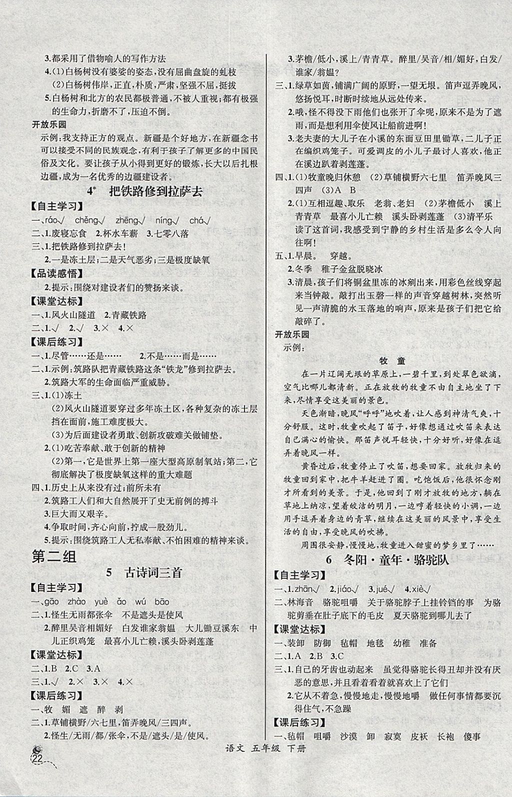 2018年同步导学案课时练五年级语文下册人教版河北专版 参考答案第2页