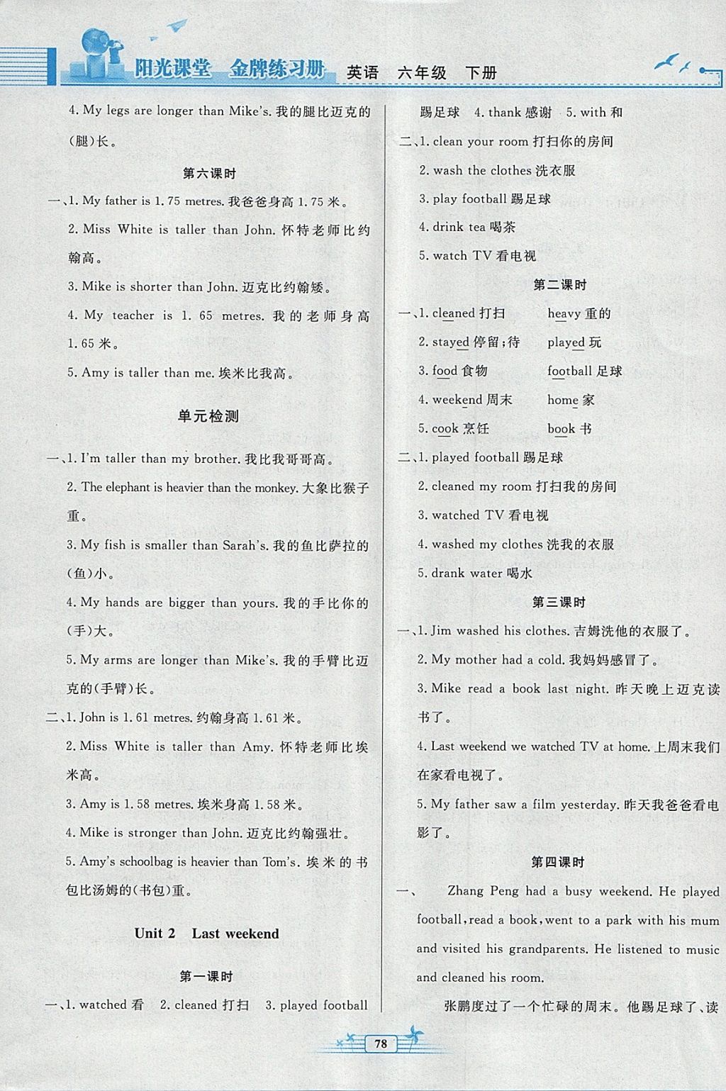 2018年陽光課堂金牌練習(xí)冊六年級英語下冊人教版 參考答案第2頁