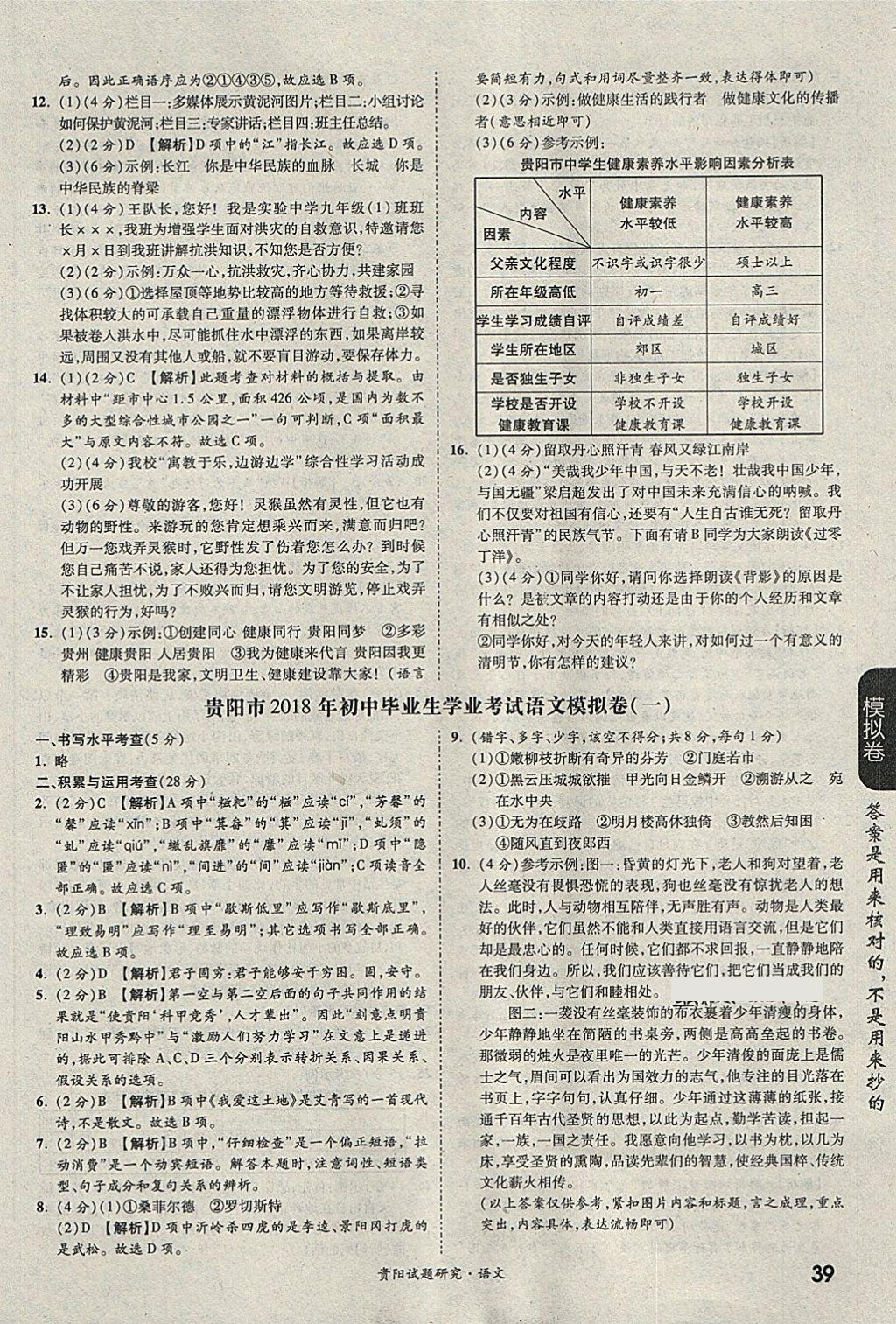 2018年貴陽中考試題研究滿分特訓(xùn)方案語文第11年第11版 參考答案第39頁