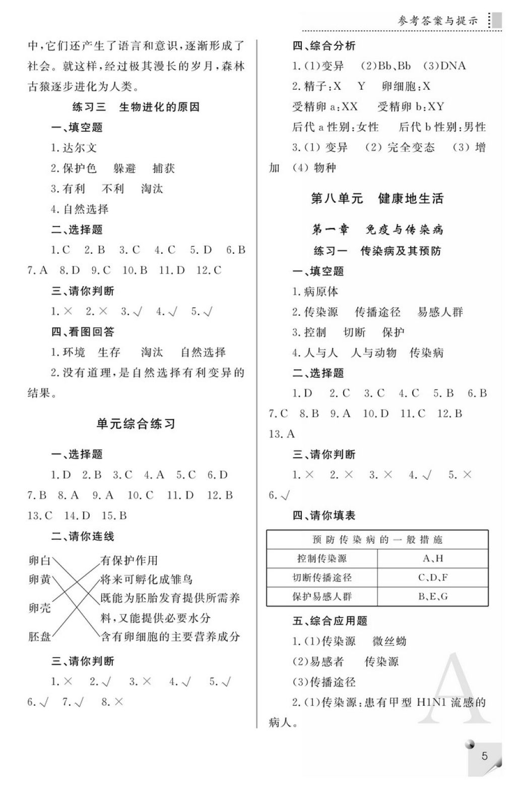 2018年課堂練習(xí)冊八年級生物下冊A版 參考答案第5頁