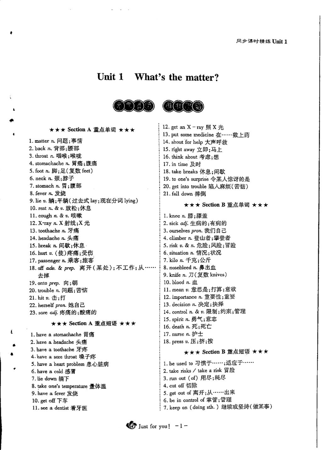 2018年蓉城优课堂给力A加八年级英语下册 Unit 1 What's the matter with you第1页