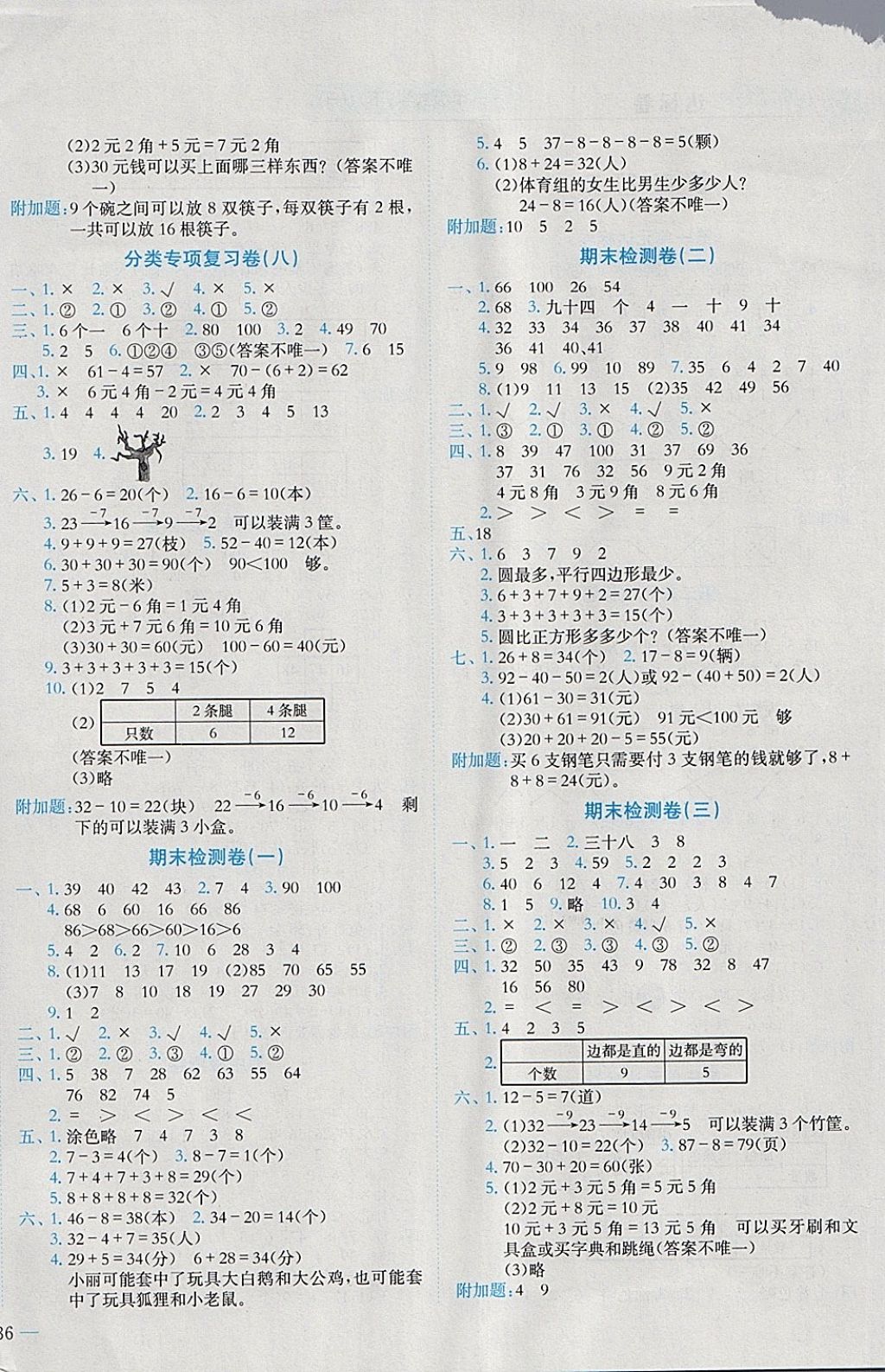 2018年黃岡小狀元達(dá)標(biāo)卷一年級(jí)數(shù)學(xué)下冊(cè)人教版 參考答案第4頁