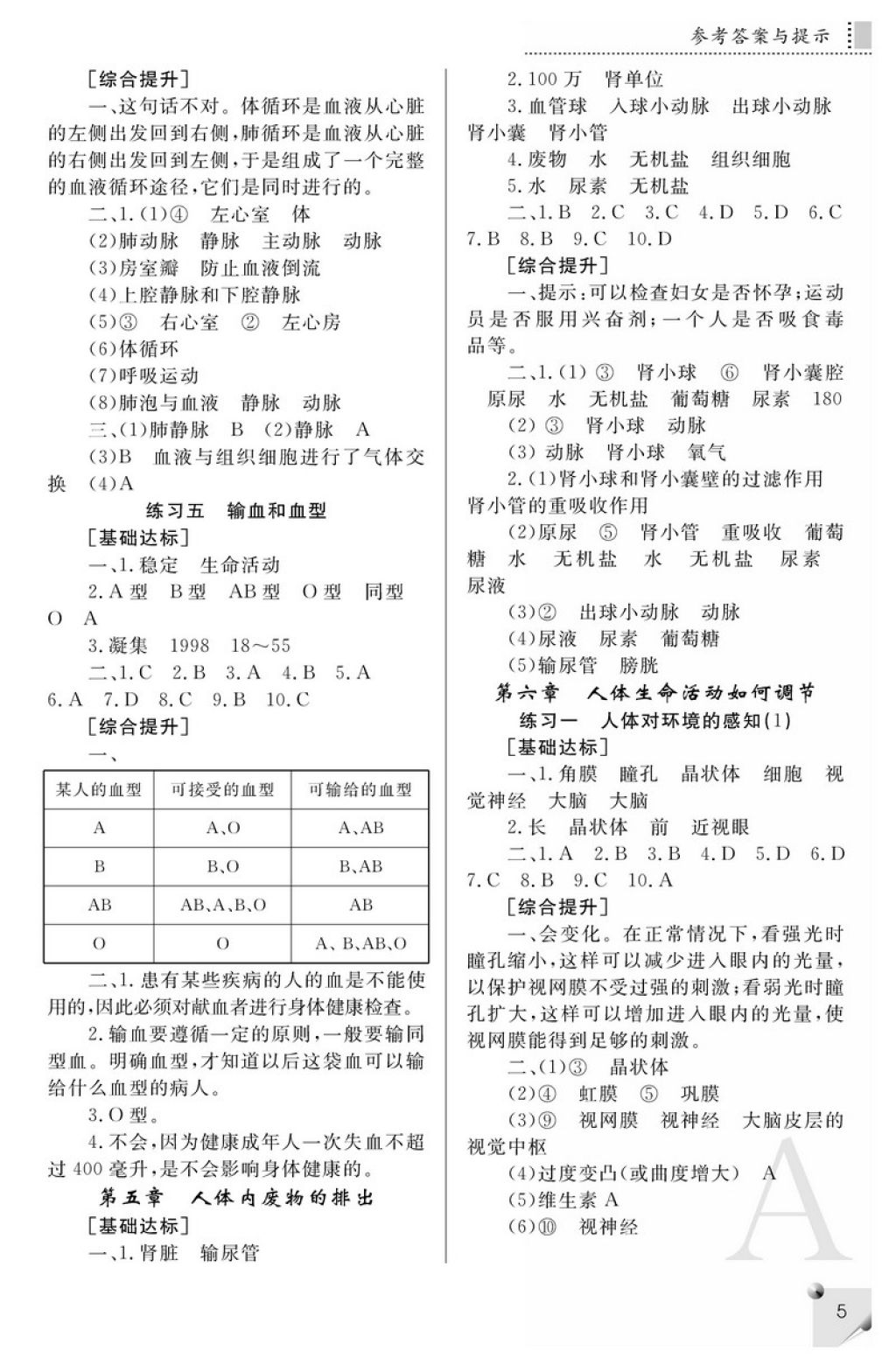 2018年課堂練習(xí)冊七年級生物下冊A版 參考答案第5頁