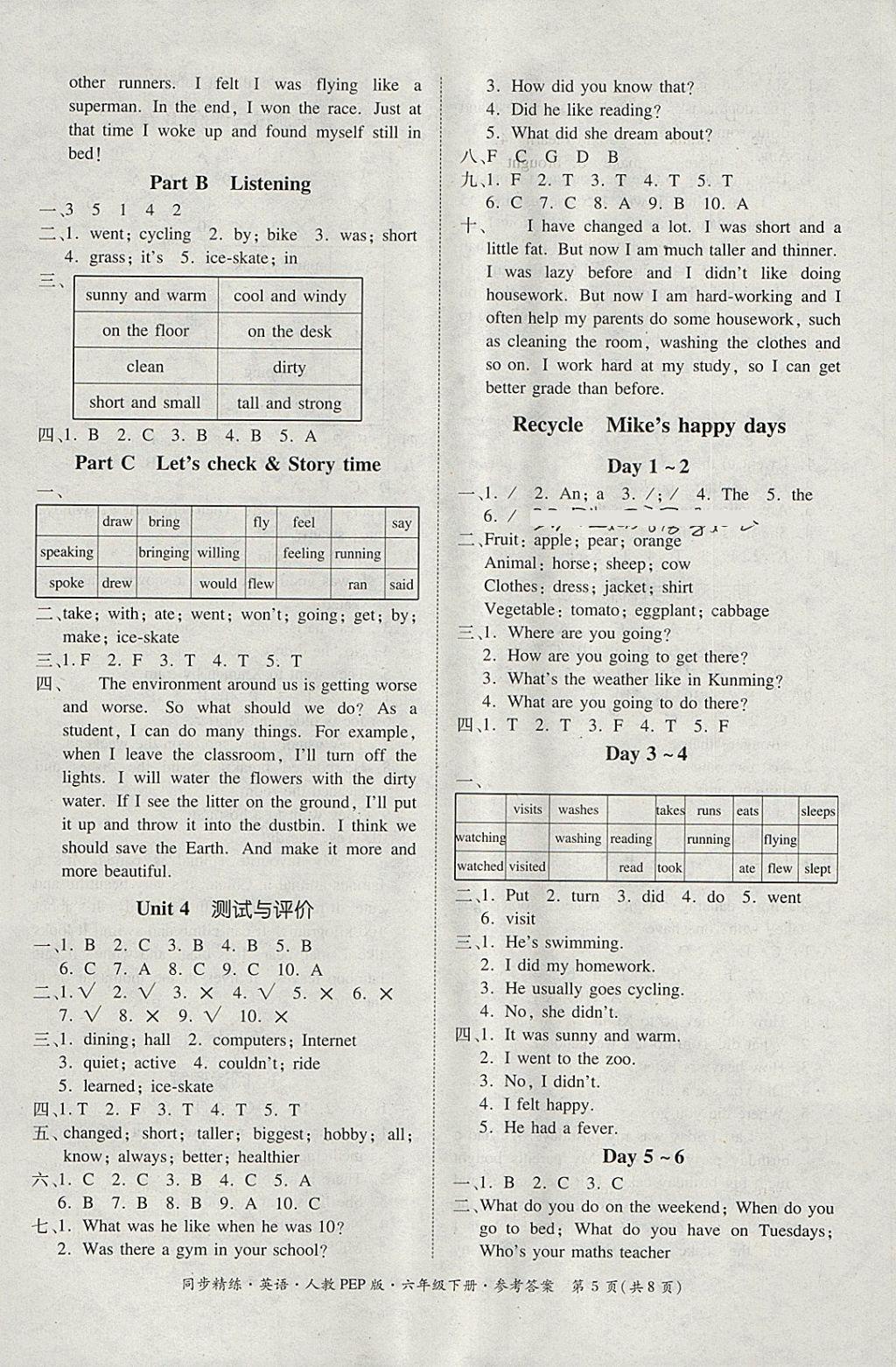2018年同步精練六年級(jí)英語(yǔ)下冊(cè)人教PEP版 參考答案第5頁(yè)