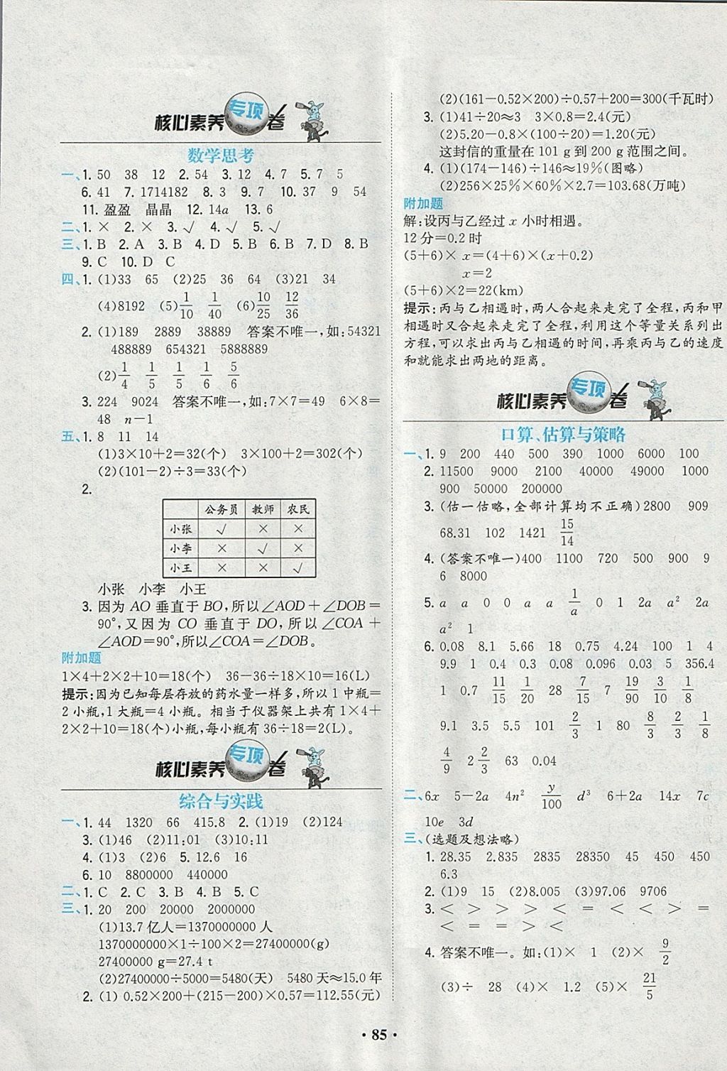 2018年課時練核心素養(yǎng)卷六年級數(shù)學下冊 參考答案第5頁