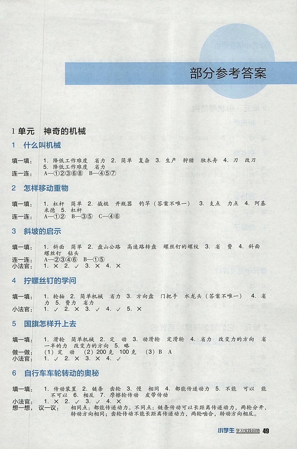 2018年小学生学习实践园地五年级科学下册苏教版 参考答案第1页