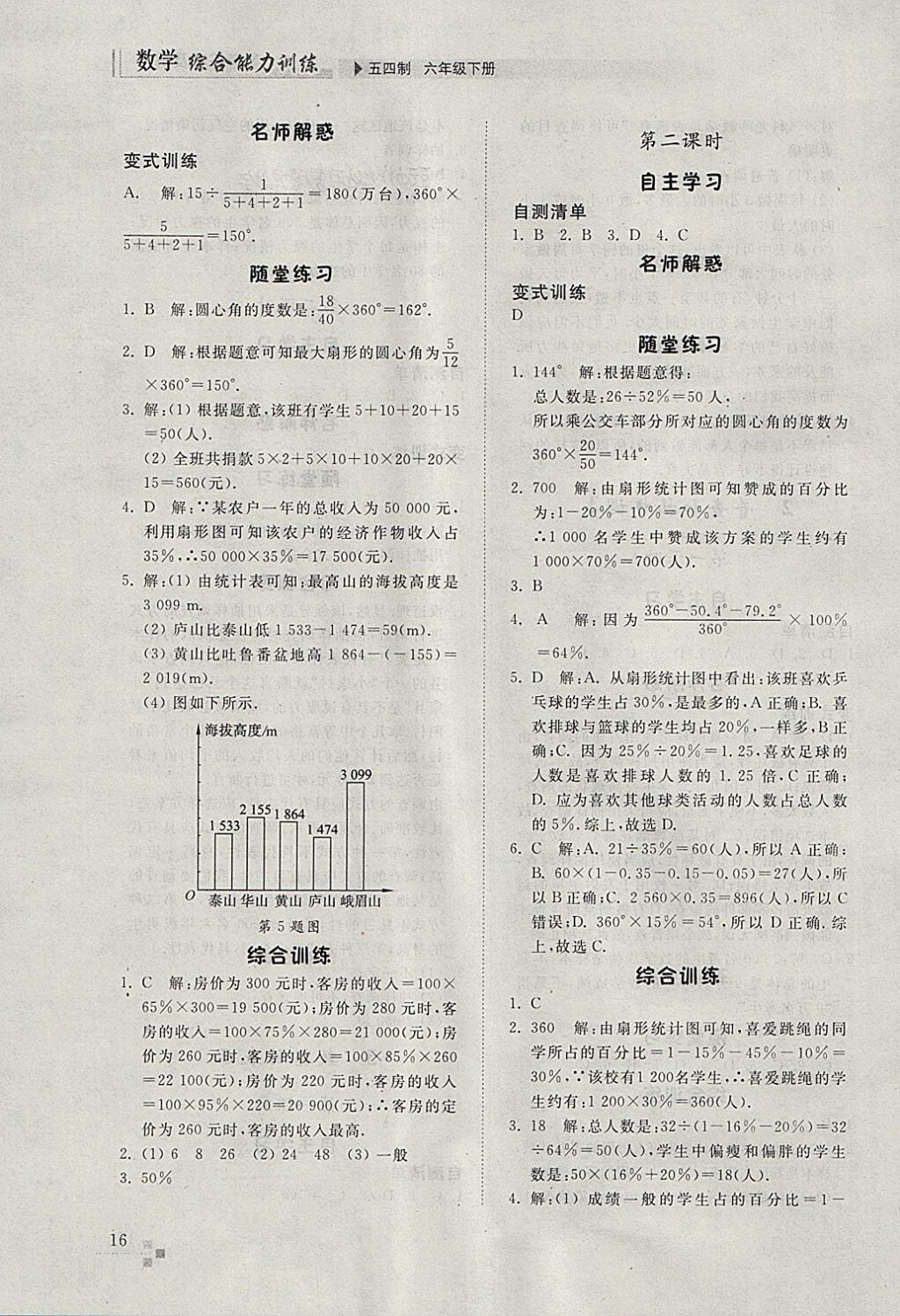 2018年综合能力训练六年级数学下册鲁教版五四制 参考答案第15页