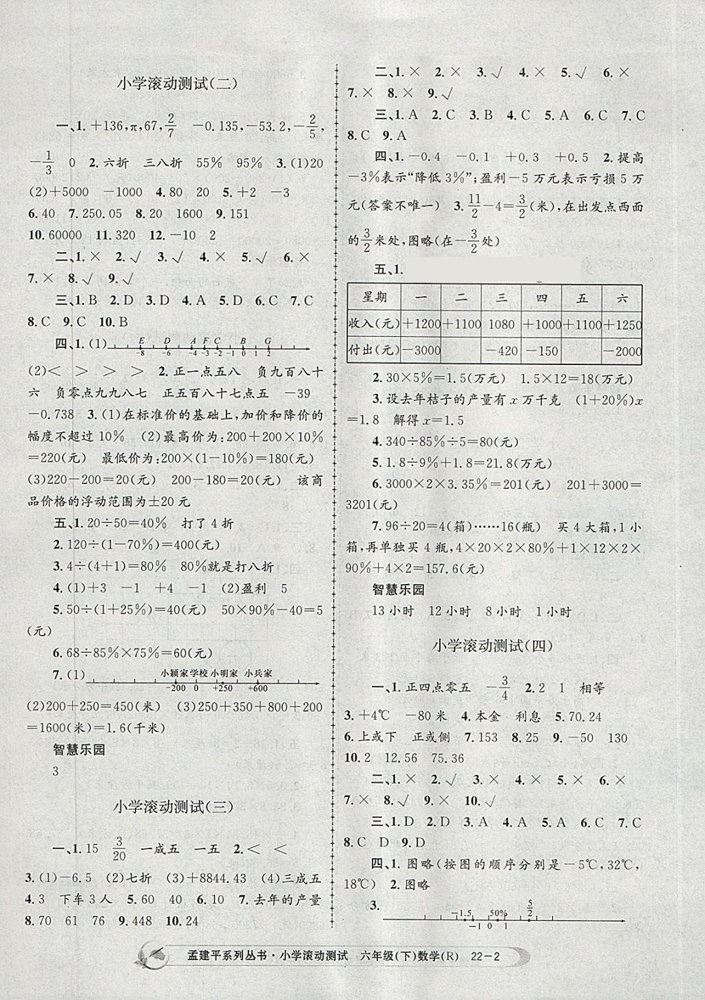 2018年孟建平小學滾動測試六年級數(shù)學下冊人教版 參考答案第2頁