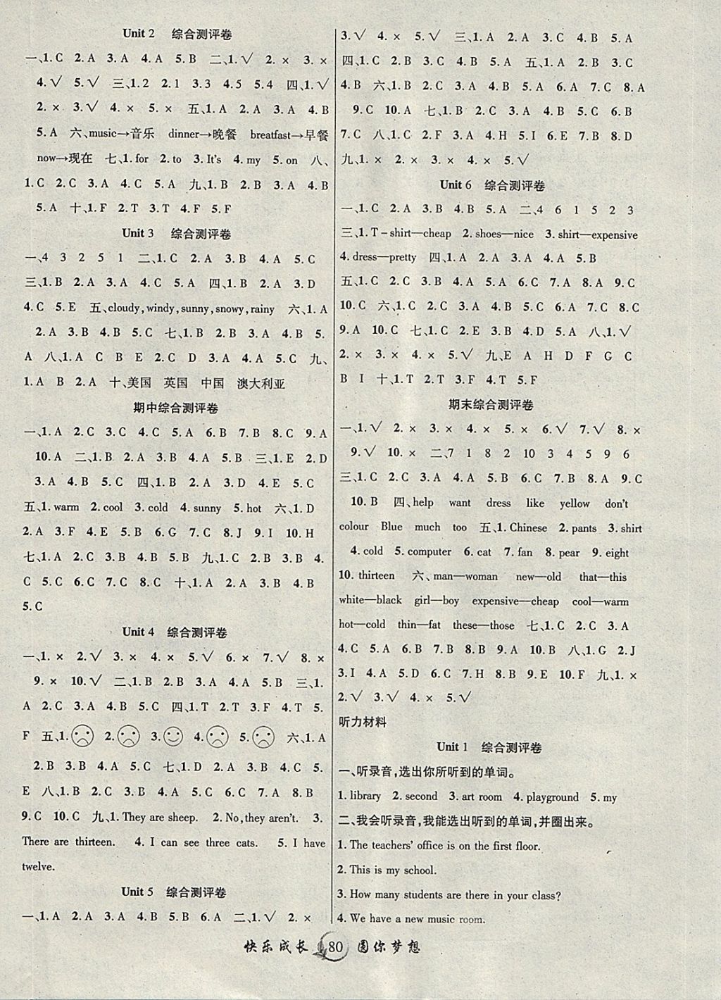 2018年優(yōu)質(zhì)課堂快樂成長四年級英語下冊人教PEP版 參考答案第4頁