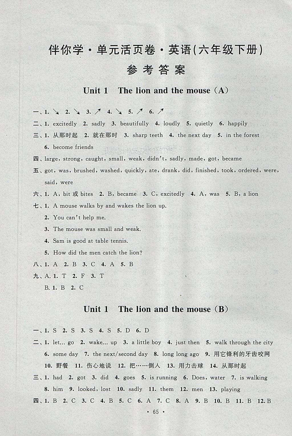 2018年伴你學(xué)單元活頁(yè)卷六年級(jí)英語(yǔ)下冊(cè) 參考答案第1頁(yè)