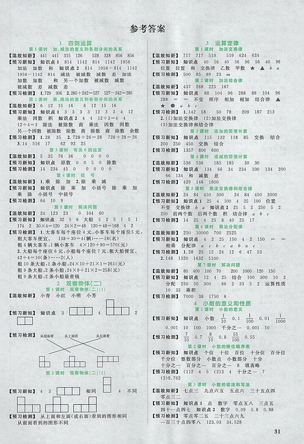 2018年阳光同学课时优化作业四年级数学下册人教版浙江专版 预习单答案第1页