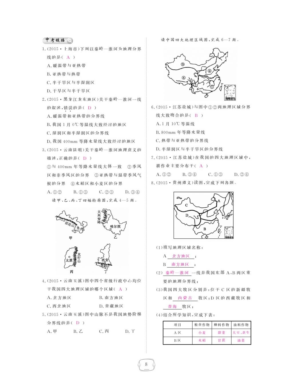 2018年領(lǐng)航新課標練習(xí)冊八年級地理下冊人教版 參考答案第8頁