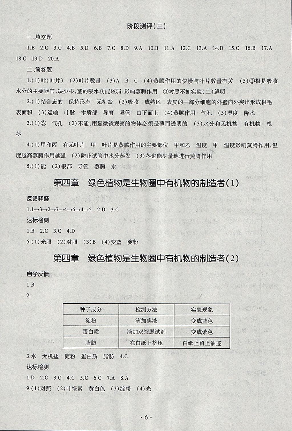 2018年同步學(xué)習(xí)六年級(jí)生物學(xué)下冊(cè)四年制 參考答案第6頁