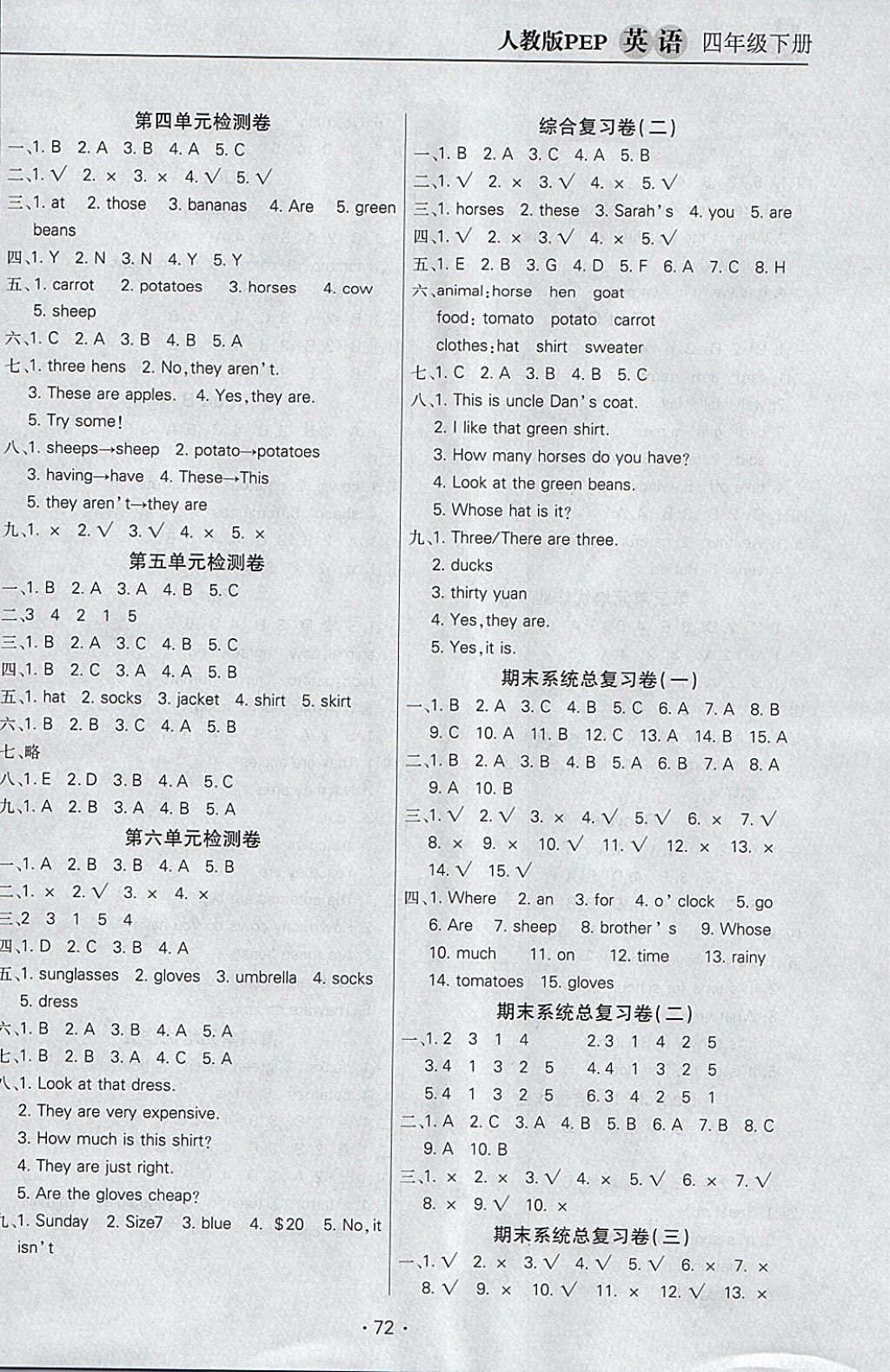 2018年名校名師培優(yōu)作業(yè)本加核心試卷四年級(jí)英語(yǔ)下冊(cè)人教PEP版 參考答案第8頁(yè)