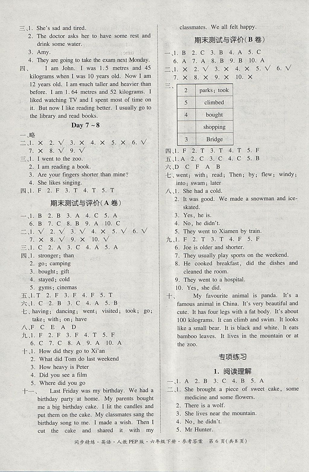 2018年同步精練六年級(jí)英語下冊(cè)人教PEP版 參考答案第6頁