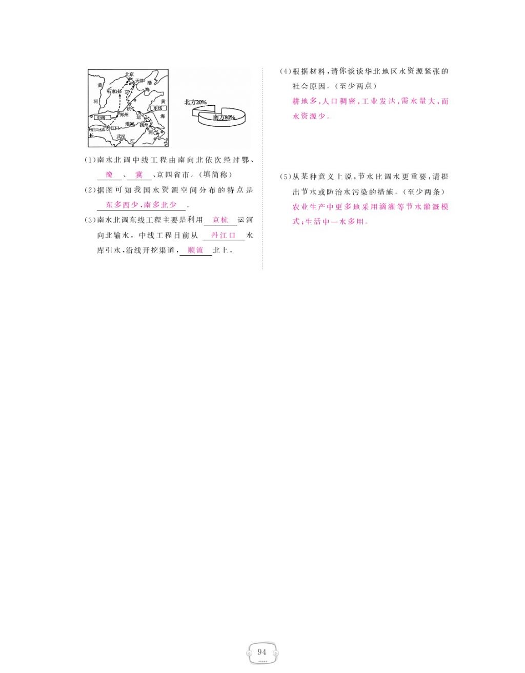 2018年領航新課標練習冊八年級地理下冊人教版 參考答案第94頁