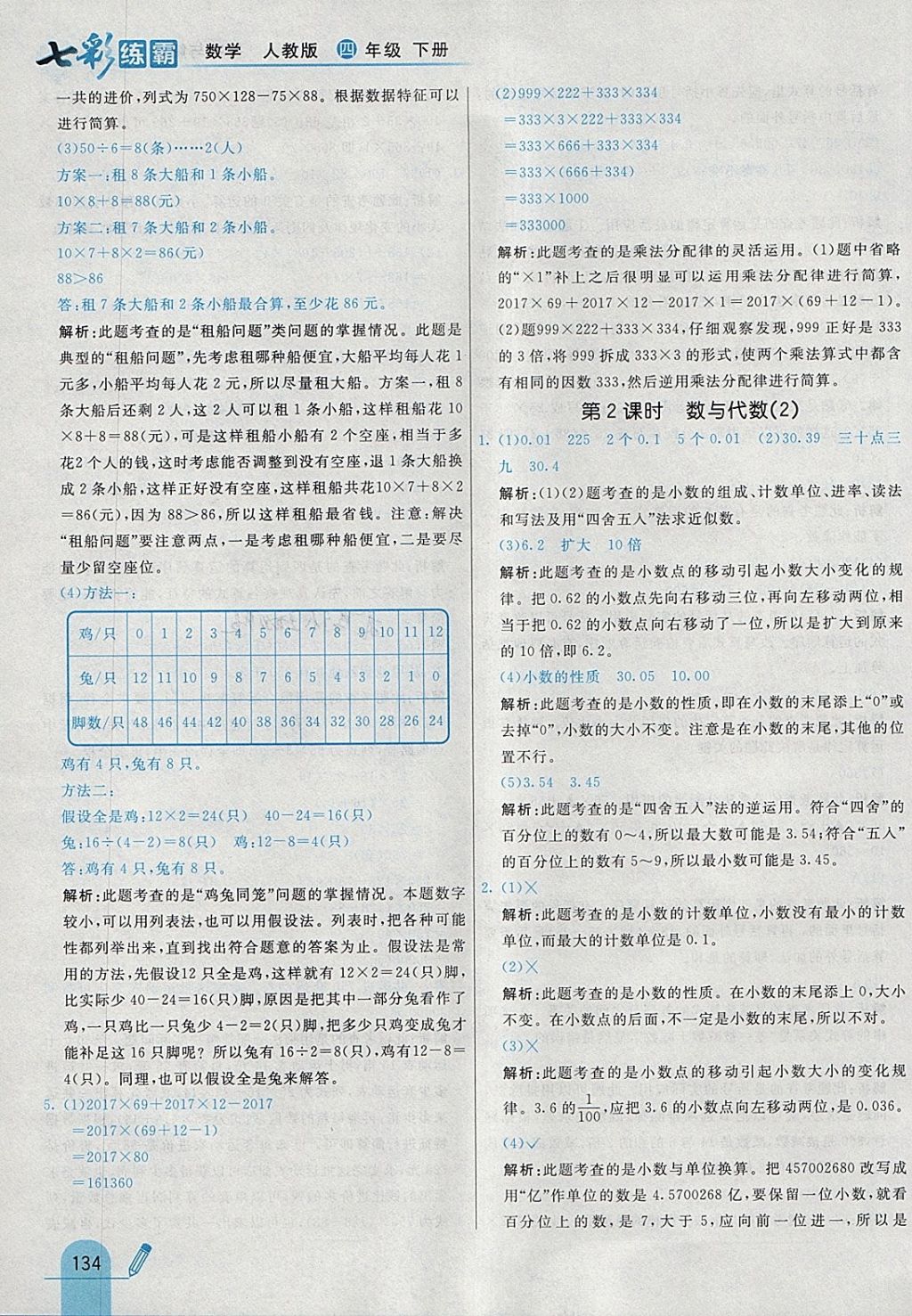 2018年七彩練霸四年級數(shù)學(xué)下冊人教版 參考答案第50頁