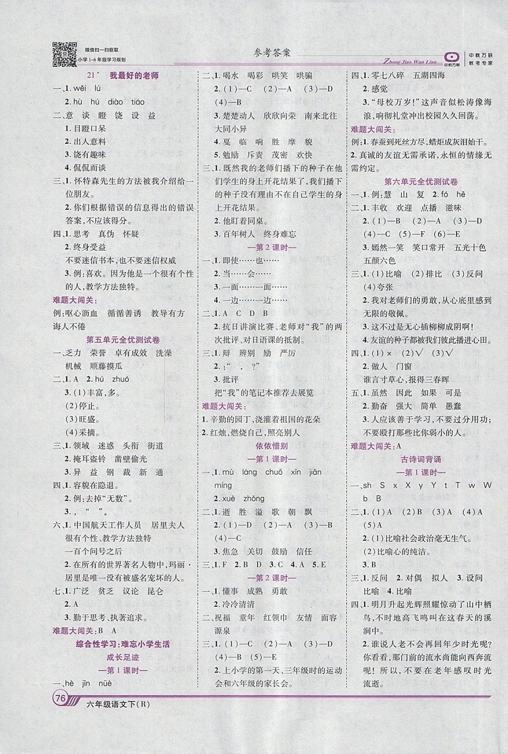 2018年全优课堂考点集训与满分备考六年级语文下册人教版 第6页