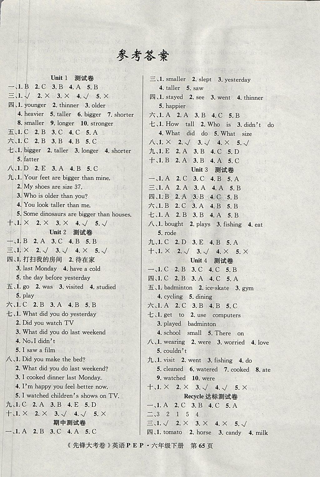 2018年單元加期末復(fù)習(xí)先鋒大考卷六年級(jí)英語(yǔ)下冊(cè)人教PEP版 第1頁(yè)