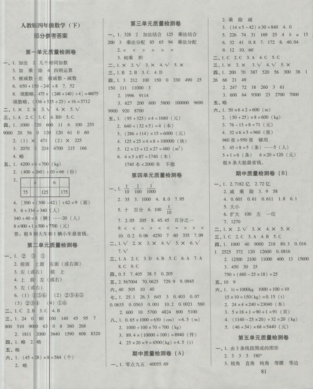 2018年云南师大附小一线名师核心试卷四年级数学下册人教版 第1页