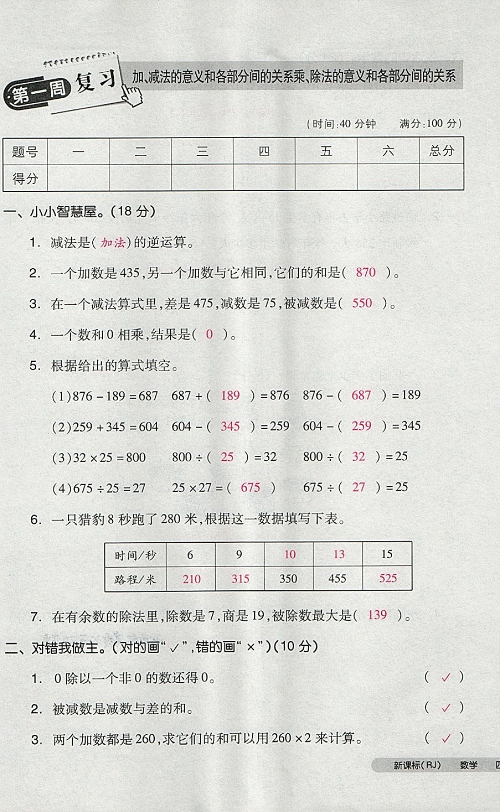 2018年全品小复习四年级数学下册人教版 第1页