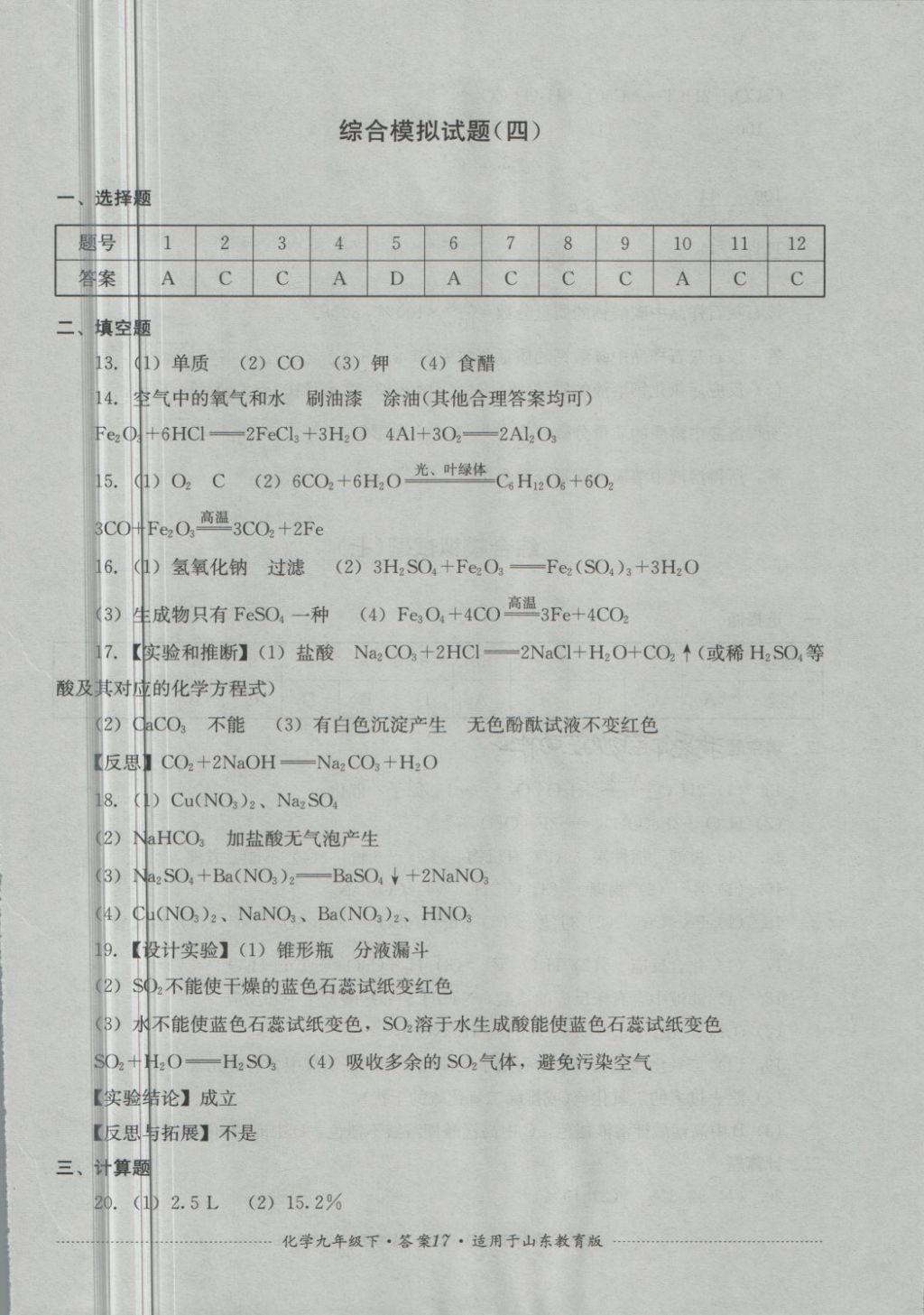 2018年單元測試九年級(jí)化學(xué)下冊魯教版四川教育出版社 第17頁