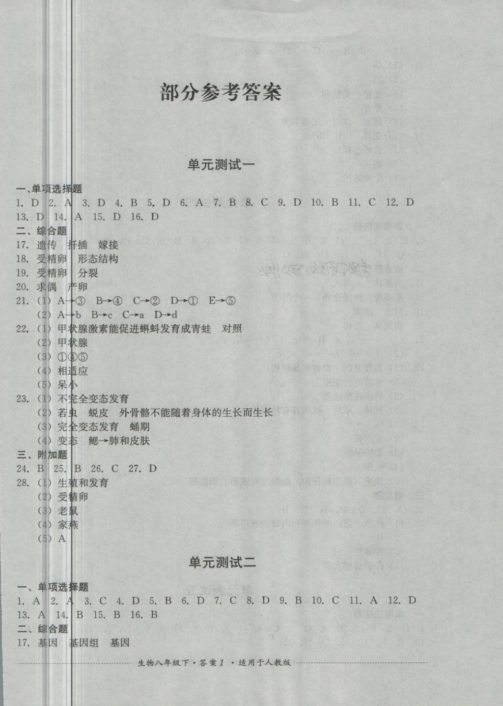 2018年单元测试八年级生物下册人教版四川教育出版社 第1页