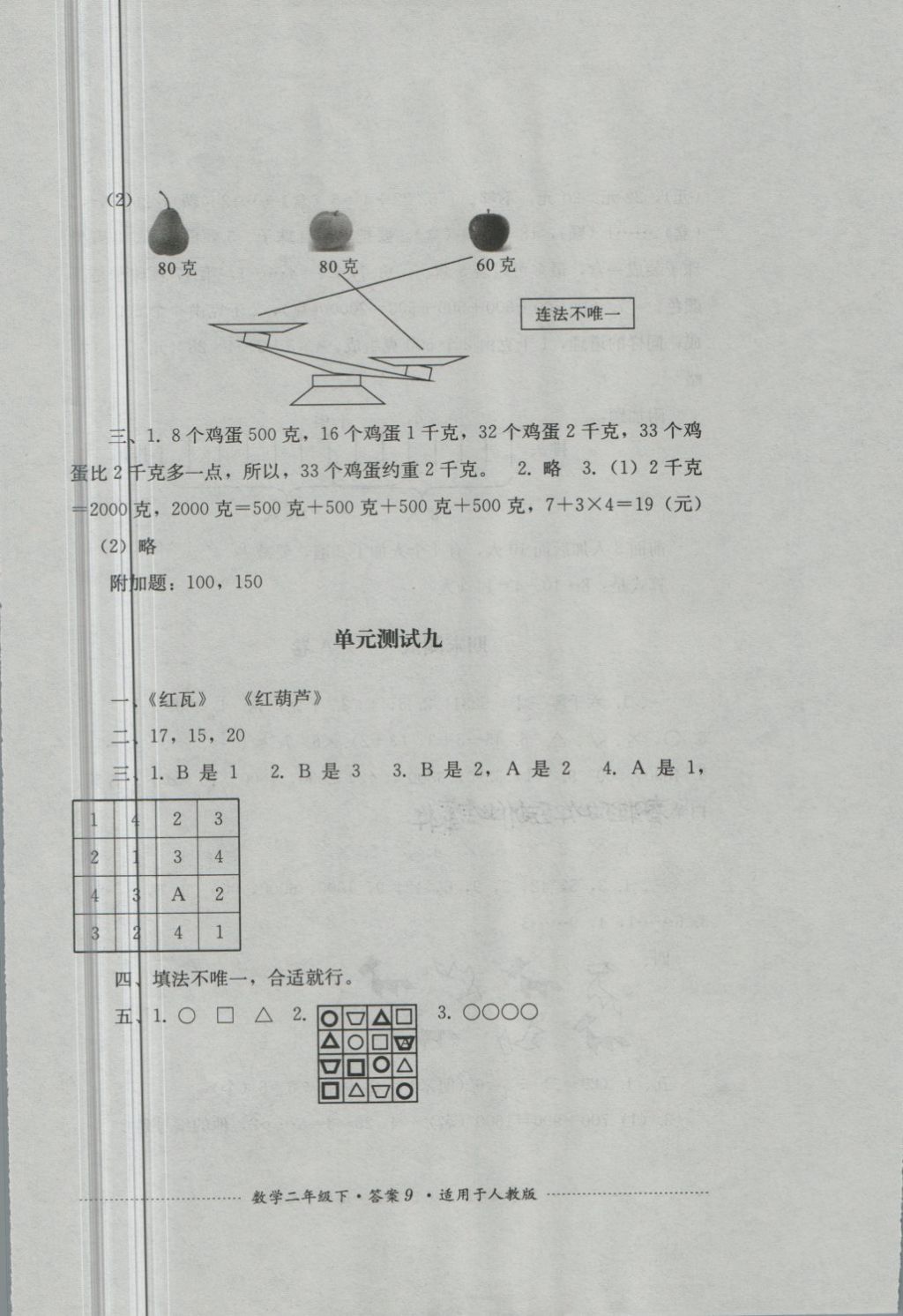 2018年單元測試二年級數(shù)學(xué)下冊人教版四川教育出版社 第9頁