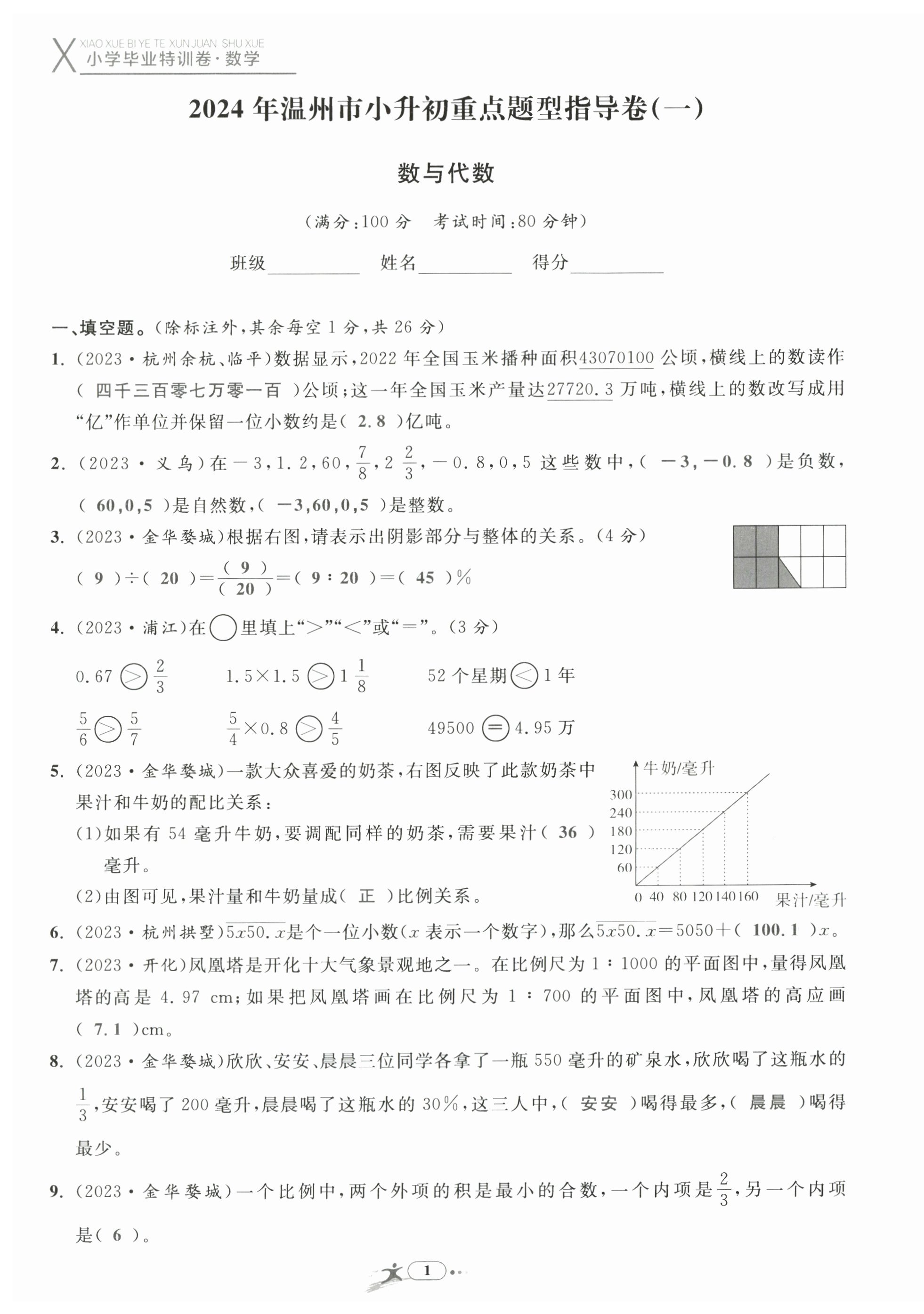 2024年小學(xué)畢業(yè)特訓(xùn)卷數(shù)學(xué)溫州專版 第1頁