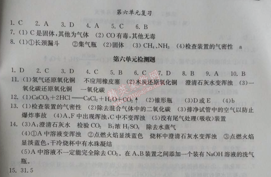 2014年长江作业本同步练习册九年级化学上册人教版 第六单元检测题