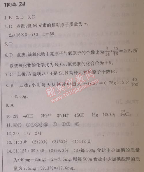 2014年启东中学作业本九年级化学上册人教版 作业24