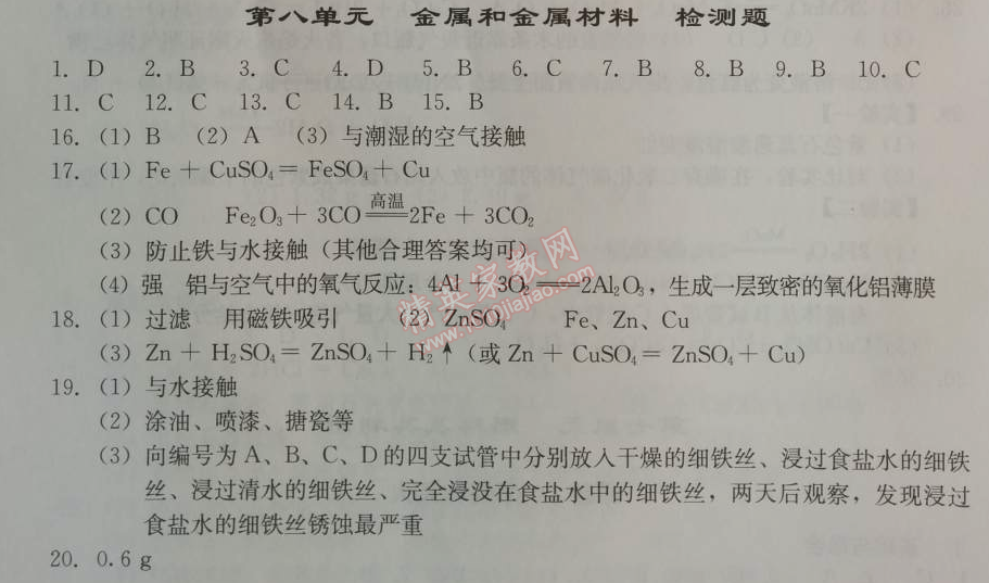 2014年學(xué)習(xí)探究診斷九年級(jí)化學(xué)上冊(cè)人教版 第八單元檢測(cè)題