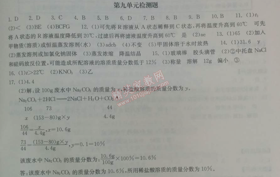 2014年长江作业本同步练习册九年级化学下册人教版 第九单元检测题