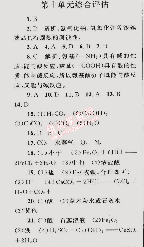 2015年同步輕松練習(xí)九年級化學(xué)下冊人教版 第十單元綜合評估