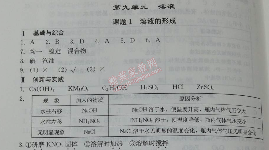 2014年学习探究诊断九年级化学下册人教版 第九单元