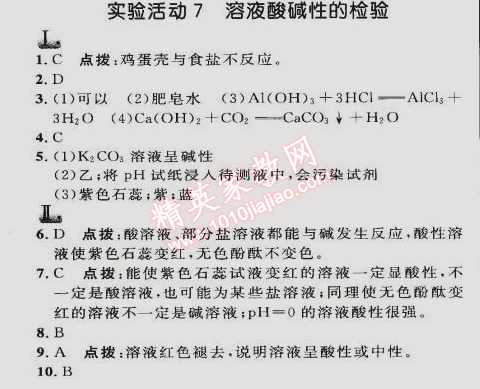 2015年综合应用创新题典中点九年级化学下册人教版 实验活动7