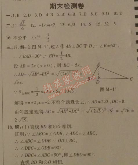 2014年高效課時(shí)通10分鐘掌控課堂九年級數(shù)學(xué)下冊北師大版 期末檢測卷