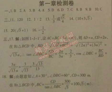 2014年高效課時(shí)通10分鐘掌控課堂九年級(jí)數(shù)學(xué)下冊(cè)北師大版 第一章檢測(cè)卷