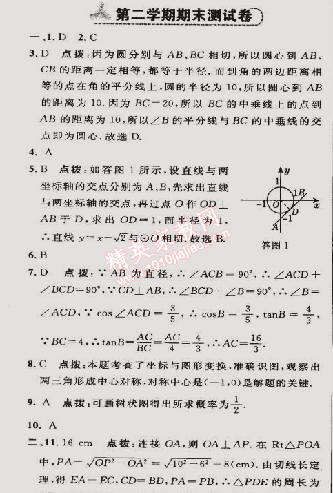 2015年綜合應(yīng)用創(chuàng)新題典中點(diǎn)九年級(jí)數(shù)學(xué)下冊(cè)滬科版 期末測(cè)試卷