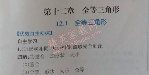 2014年同步导学案课时练八年级数学上册人教版 12.1