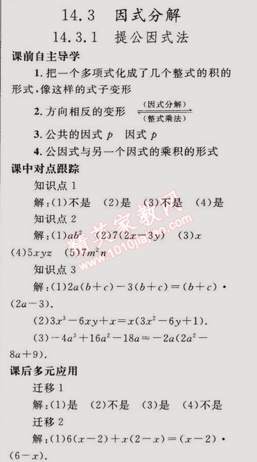 2014年同步轻松练习八年级数学上册人教版 14.3.1