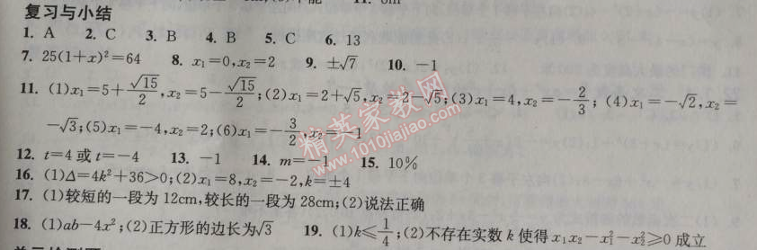 2014年長江作業(yè)本同步練習(xí)冊九年級(jí)數(shù)學(xué)上冊人教版 復(fù)習(xí)與小結(jié)