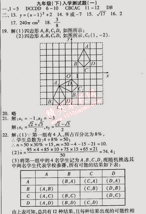 2015年教材首選銜接教材學(xué)期復(fù)習(xí)九年級數(shù)學(xué) 入學(xué)測試題一