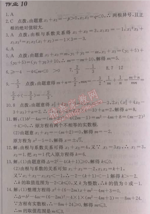 2014年啟東中學(xué)作業(yè)本九年級(jí)數(shù)學(xué)上冊(cè)人教版 作業(yè)十