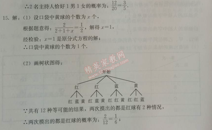 2014年学习探究诊断九年级数学上册人教版 测试四