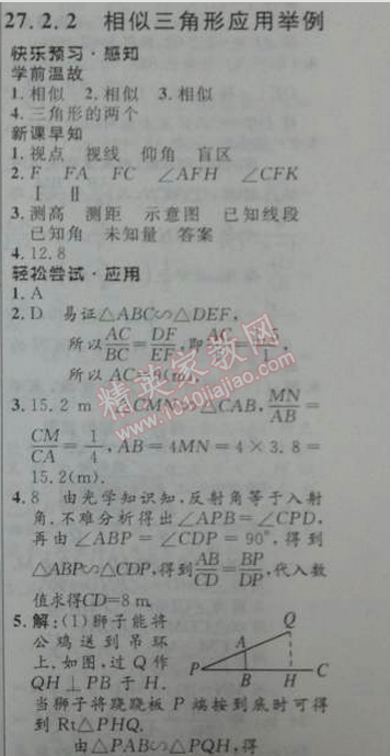 2014年初中同步測(cè)控優(yōu)化設(shè)計(jì)九年級(jí)數(shù)學(xué)下冊(cè)人教版 27.2.2