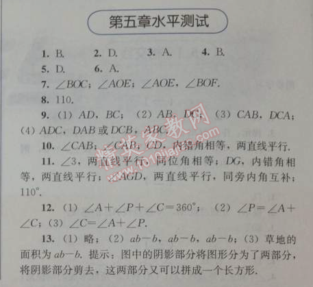 2014年人教金学典同步解析与测评七年级数学下册人教版 第五章水平测试