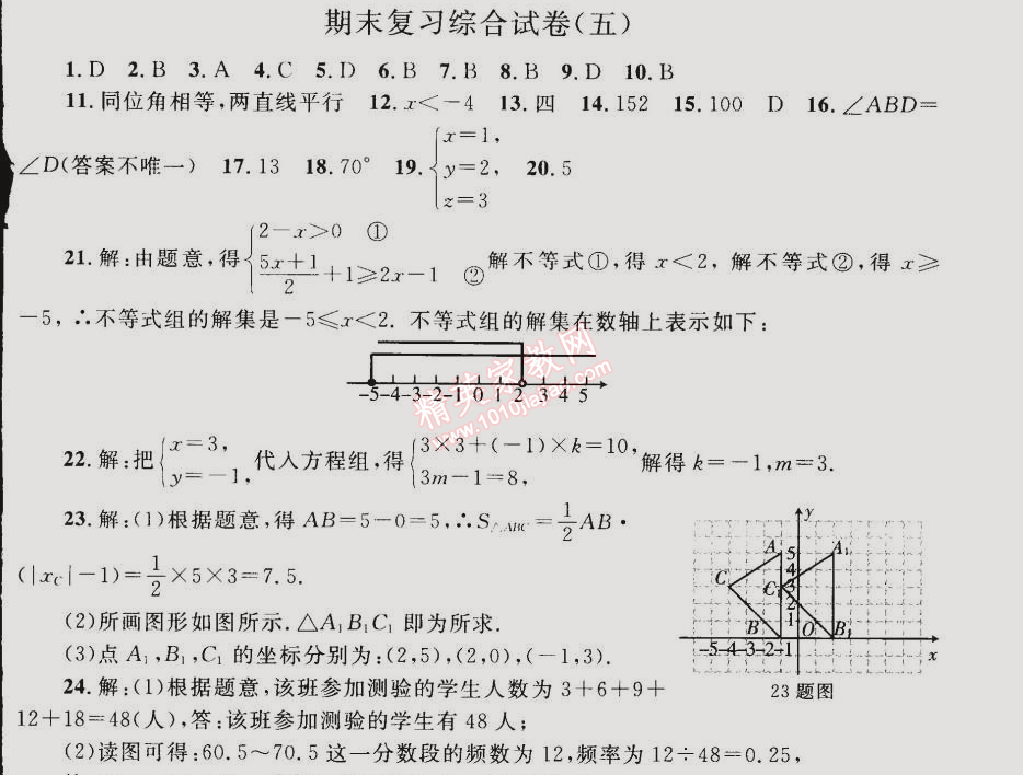 同步輕松練習(xí)七年級(jí)數(shù)學(xué)下冊(cè)人教版 期末復(fù)習(xí)綜合試卷五