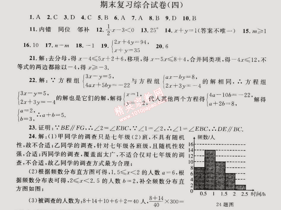 同步轻松练习七年级数学下册人教版 期末复习综合试卷四