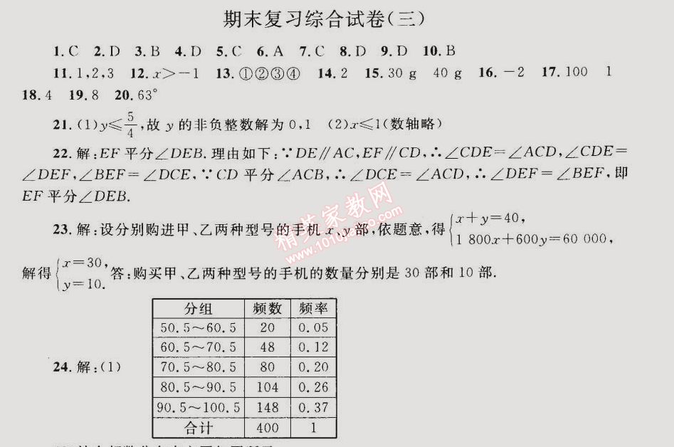 同步轻松练习七年级数学下册人教版 期末复习综合试卷三